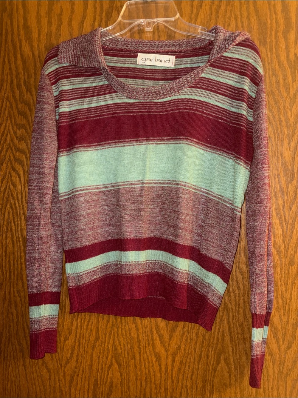 Vintage Garland Women's Striped Crewneck Sweater in Burgundy and Mint